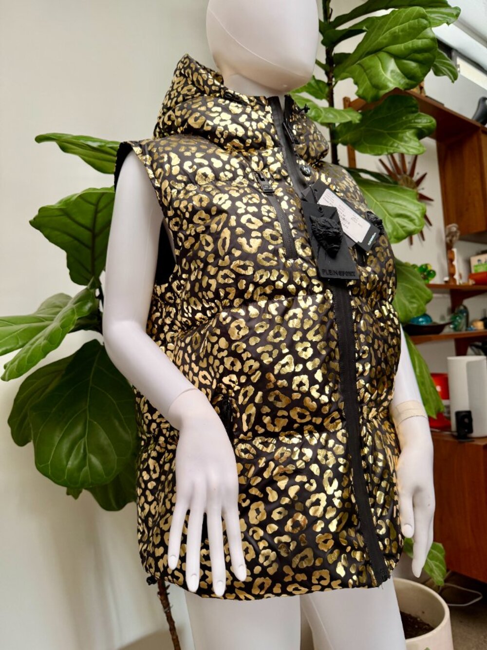 NWT - PLEIN SPORT Leopard-Print Puffer Gilet Women's gold